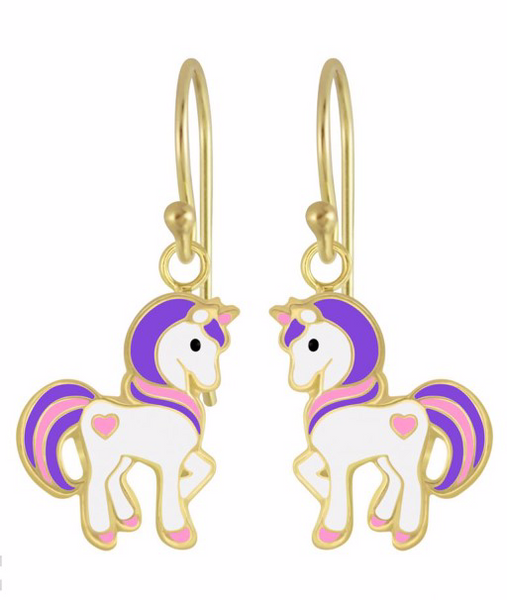 14K Gold Plated 925 Sterling Silver Unicorn with Heart  Drop Earrings For Kids, Teens - Forever Kids Jewelry