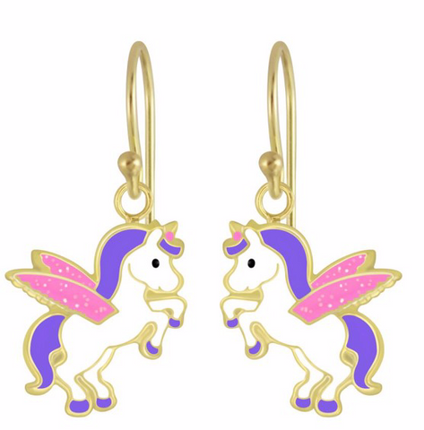14K Gold Plated 925 Sterling Silver Unicorn with Wings Drop Earrings For Kids, Teens - Forever Kids Jewelry