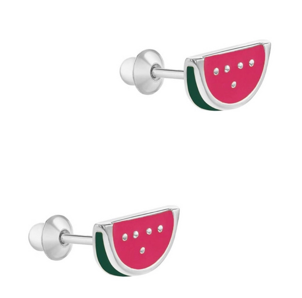 925 Sterling Silver Watermelon Enamel Screw Back Earrings For Toddlers, Kids and Teens - Forever Kids Jewelry