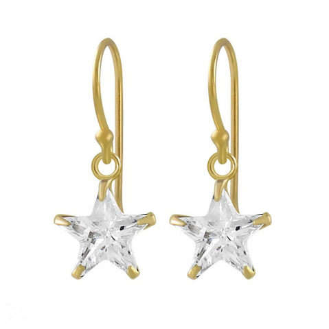 14K Gold Plated 925 Sterling Silver Star 8mm CZ Stone Drop Earrings For Kids, Teens - Forever Kids Jewelry