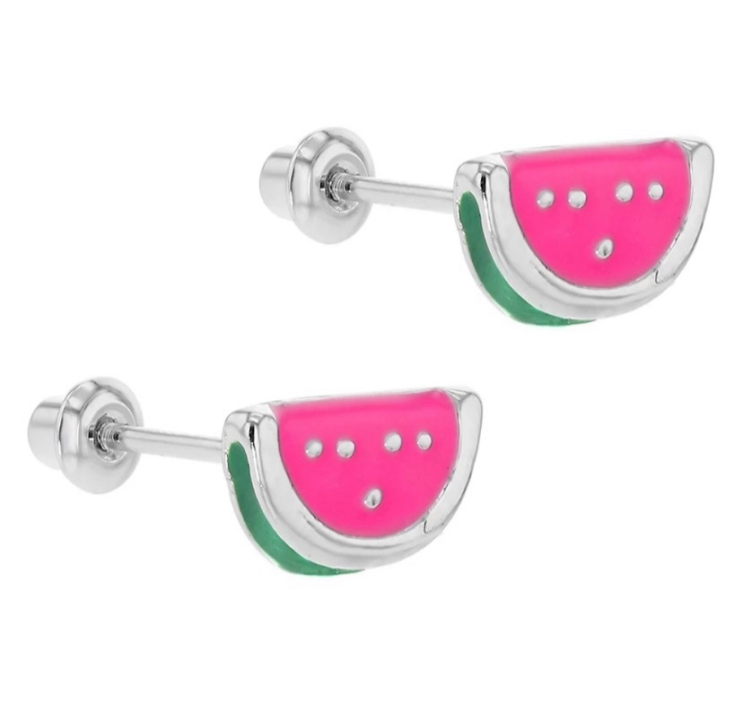 925 Sterling Silver Watermelon Enamel Screw Back Earrings For Toddlers, Kids and Teens - Forever Kids Jewelry