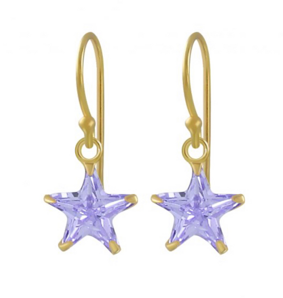 14K Gold Plated 925 Sterling Silver Star 8mm CZ Stone Drop Earrings For Kids, Teens - Forever Kids Jewelry