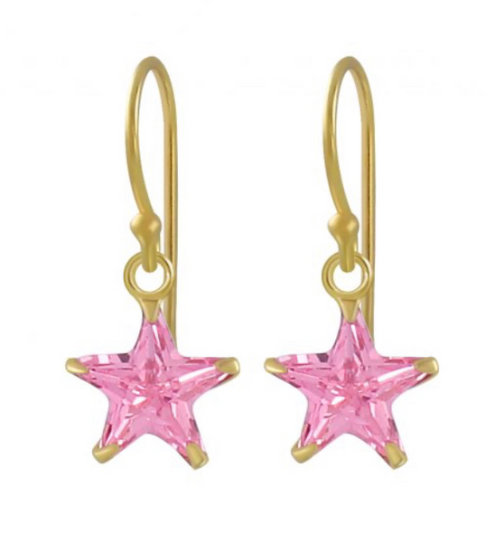 14K Gold Plated 925 Sterling Silver Star 8mm CZ Stone Drop Earrings For Kids, Teens - Forever Kids Jewelry