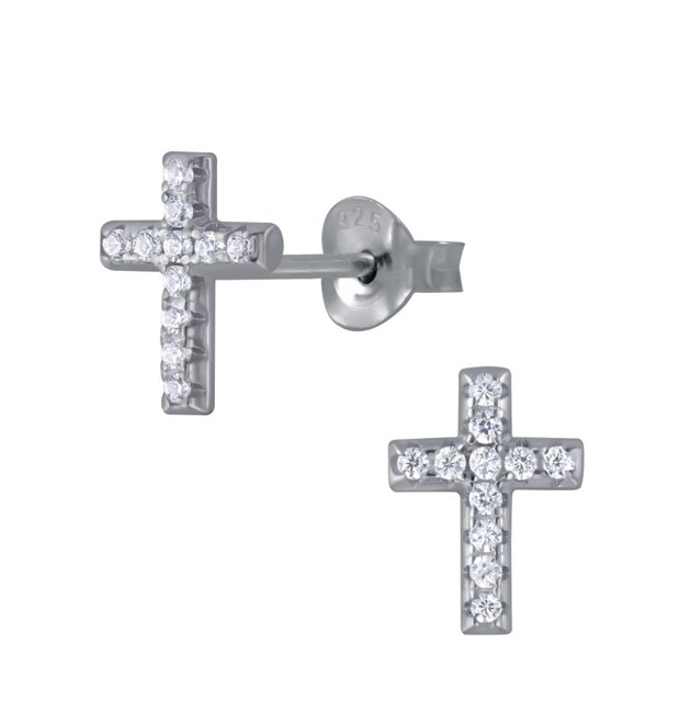 925 Sterling Silver Cross CZ Stones Push Back Earrings For Kids, Teens - Forever Kids Jewelry