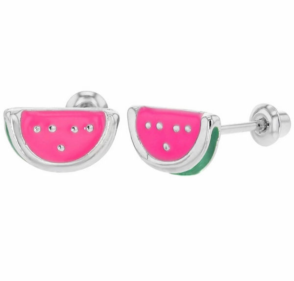 925 Sterling Silver Watermelon Enamel Screw Back Earrings For Toddlers, Kids and Teens - Forever Kids Jewelry