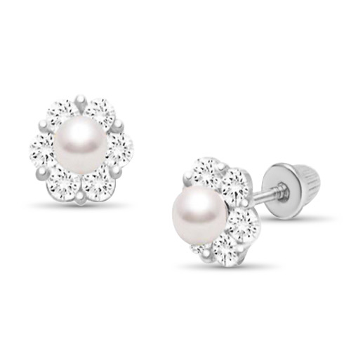 925 Sterling Silver Flower Pearl CZ Stones Screw Back Earrings for Baby, Kids, Teens - Forever Kids Jewelry