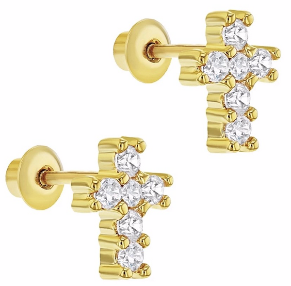14K Gold Plated 925 Sterling Silver Cross CZ Stones Screw Back Earrings For Baby, Kids, Teens - Forever Kids Jewelry