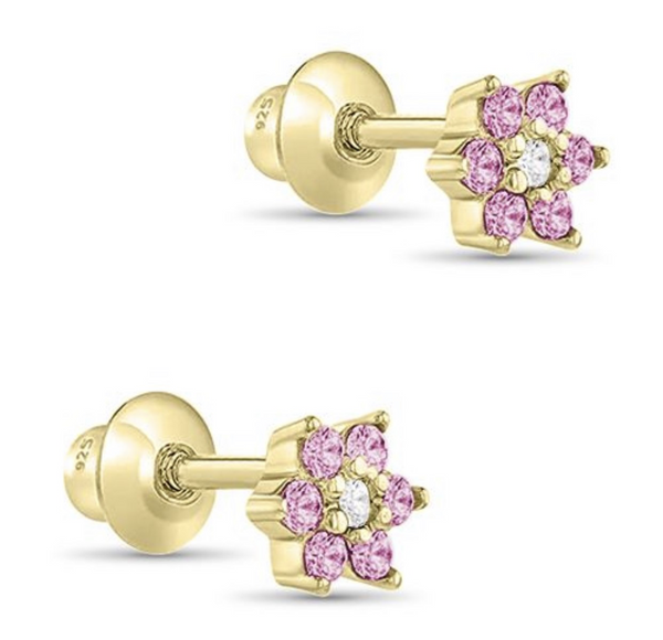 14K Gold Plated 925 Sterling Silver Flower CZ Stones Screw Back Earrings for Baby, Toddler, Kids, Teens - Forever Kids Jewelry