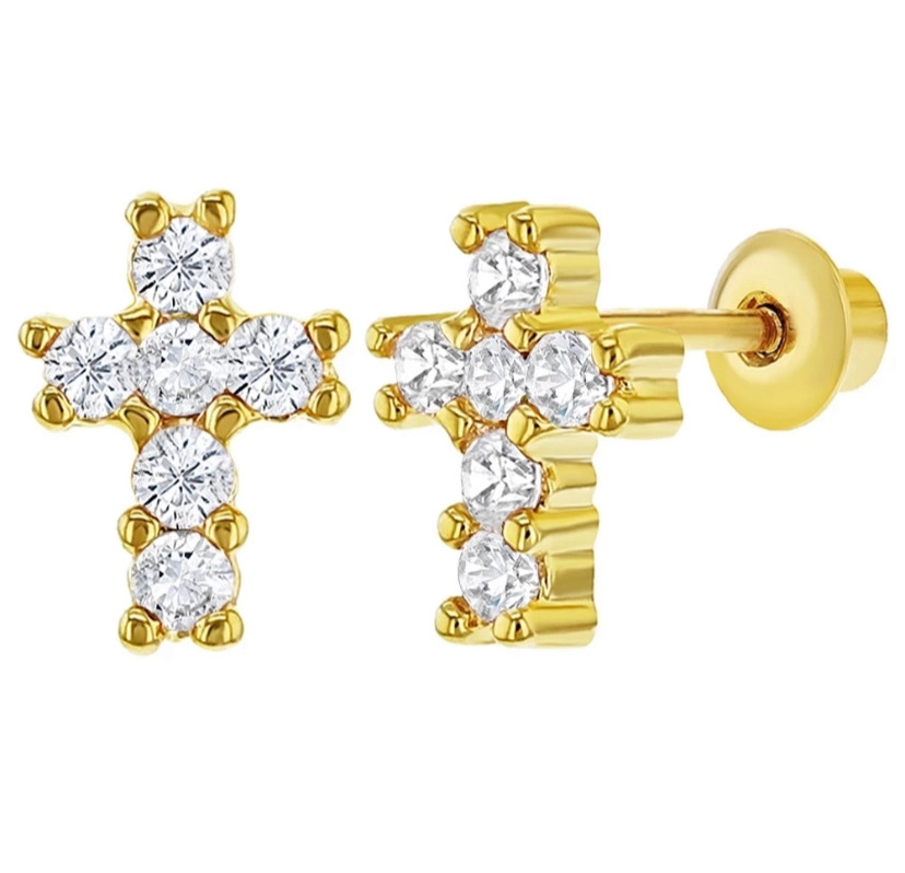 14K Gold Plated 925 Sterling Silver Cross CZ Stones Screw Back Earrings For Baby, Kids, Teens - Forever Kids Jewelry