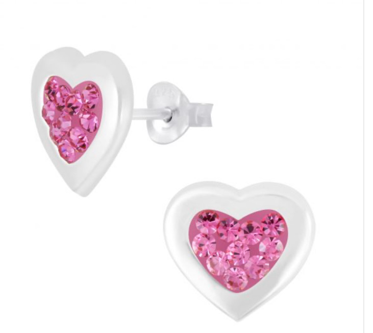 925 Sterling Silver Polished Hearts Crystal Stones, Enamel Push Back Earrings For Kids, Teens - Forever Kids Jewelry