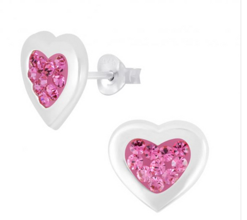 925 Sterling Silver Polished Hearts Crystal Stones, Enamel Push Back Earrings For Kids, Teens - Forever Kids Jewelry