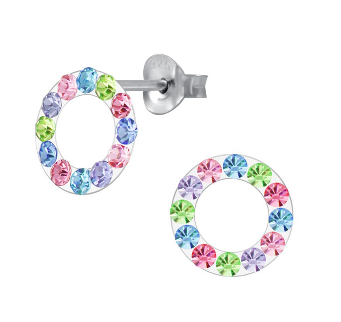 925 Sterling Silver Circle, Multicolour Crystal Stones, Push Back Earrings For Kids, Teens - Forever Kids Jewelry