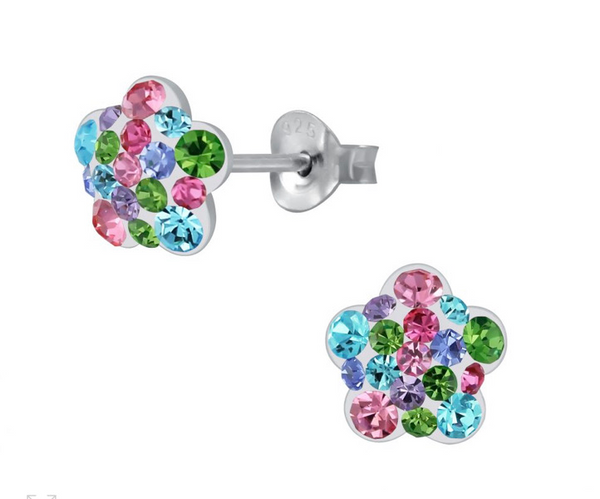 925 Sterling Silver Flower Crystal Stones Enamel 8 mm Push Back Earrings For Kids, Teens - Forever Kids Jewelry