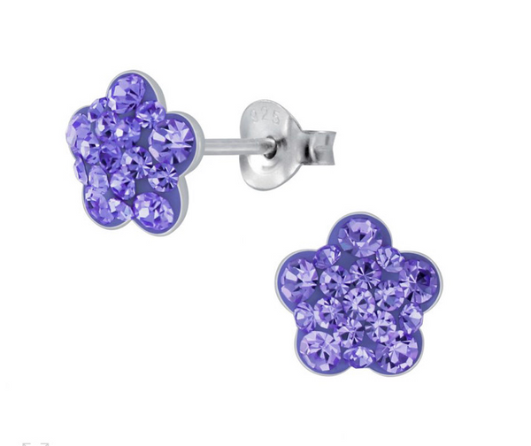 925 Sterling Silver Flower Crystal Stones Enamel 8 mm Push Back Earrings For Kids, Teens - Forever Kids Jewelry