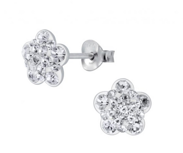 925 Sterling Silver Flower Crystal Stones Enamel 8 mm Push Back Earrings For Kids, Teens - Forever Kids Jewelry