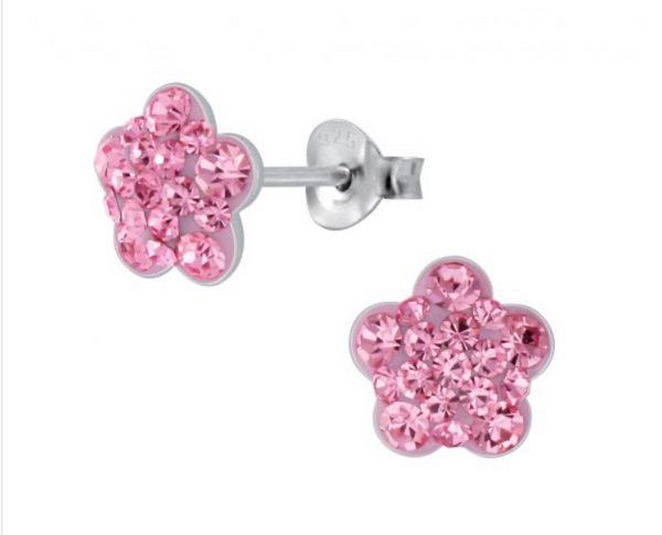 925 Sterling Silver Flower Crystal Stones Enamel 8 mm Push Back Earrings For Kids, Teens - Forever Kids Jewelry