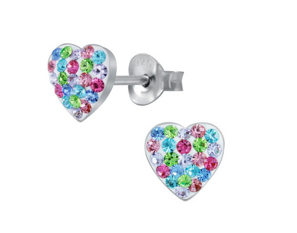 925 Sterling Silver Heart Multicolour Crystal Stones 9 mm Push Back Earrings For Kids, Teens - Forever Kids Jewelry
