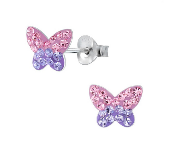 925 Sterling Silver Butterfly Crystal Stones, Enamel Push Back Earrings For Kids, Teens - Forever Kids Jewelry