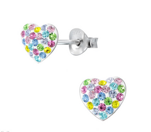 925 Sterling Silver Large Heart Multicolour Crystal Stones 11 mm Push Back Earrings For Teens - Forever Kids Jewelry
