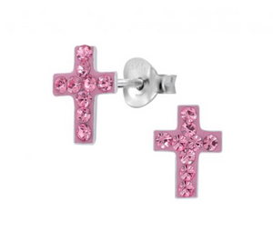 925 Sterling Silver Cross Crystal Stones Enamel Push Back Earrings For Kids and Teens - Forever Kids Jewelry