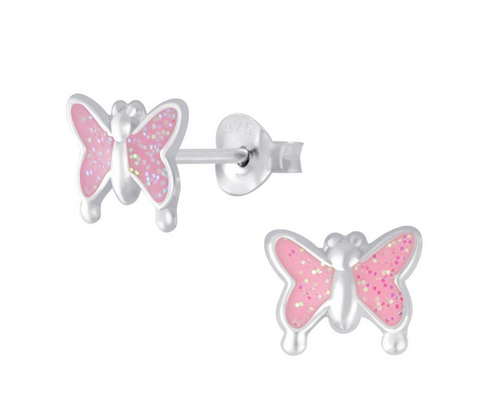 925 Sterling Silver Butterfly Glitter Enamel Push Back Earrings For Kids, Teens - Forever Kids Jewelry