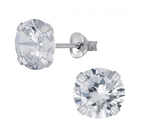 925 Sterling Silver Round Solitarie 8 mm CZ Stone Push Back Earrings For Teens and Up - Forever Kids Jewelry