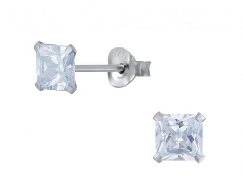 925 Sterling Silver Square Solitaire 4 mm CZ Stone Push Back Earrings For Teens - Forever Kids Jewelry