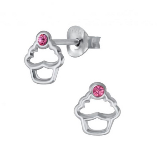 925 Sterling Silver Cupcake Crystal Stone Push Back Earrings for Teens, Kids - Forever Kids Jewelry