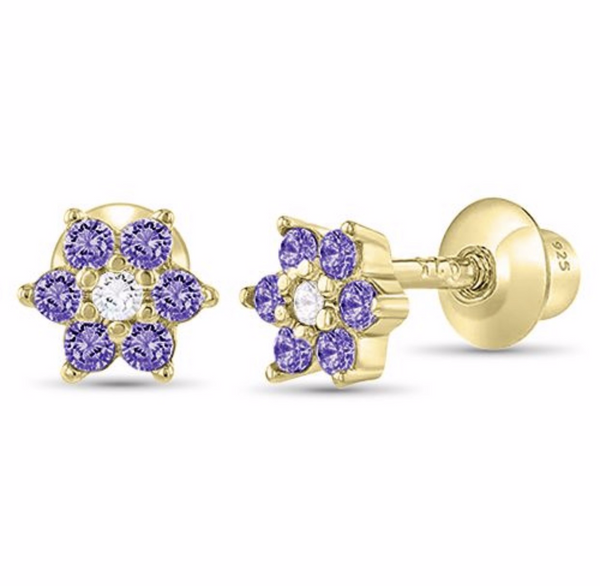 14K Gold Plated 925 Sterling Silver Flower CZ Stones Screw Back Earrings for Baby, Toddler, Kids, Teens - Forever Kids Jewelry