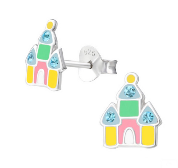 925 Sterling Silver Castle Enamel Crystal Stones Push Back Earrings For Teens, Kids - Forever Kids Jewelry