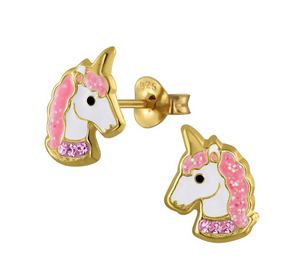 14K Gold Plated 925 Sterling Silver Unicorn Pink Enamel and Crystal Stones Push Back Earrings For Teens, Kids - Forever Kids Jewelry
