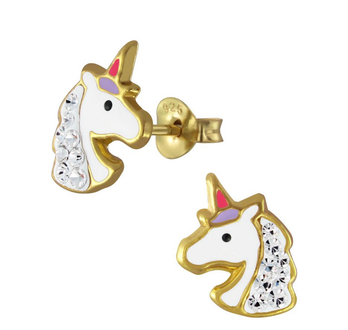 14K Gold Plated 925 Sterling Silver Unicorn Enamel and Crystal Stones Push Back Earrings For Teens, Kids - Forever Kids Jewelry