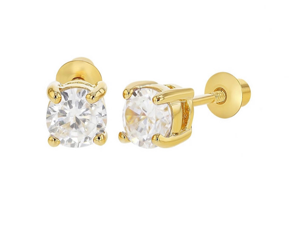 14K Gold Plated 925 Sterling Silver Solitaire CZ Stone Screw Back Earrings For Baby, Kid, Teens - Forever Kids Jewelry