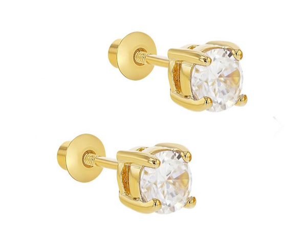 14K Gold Plated 925 Sterling Silver Solitaire CZ Stone Screw Back Earrings For Baby, Kid, Teens - Forever Kids Jewelry