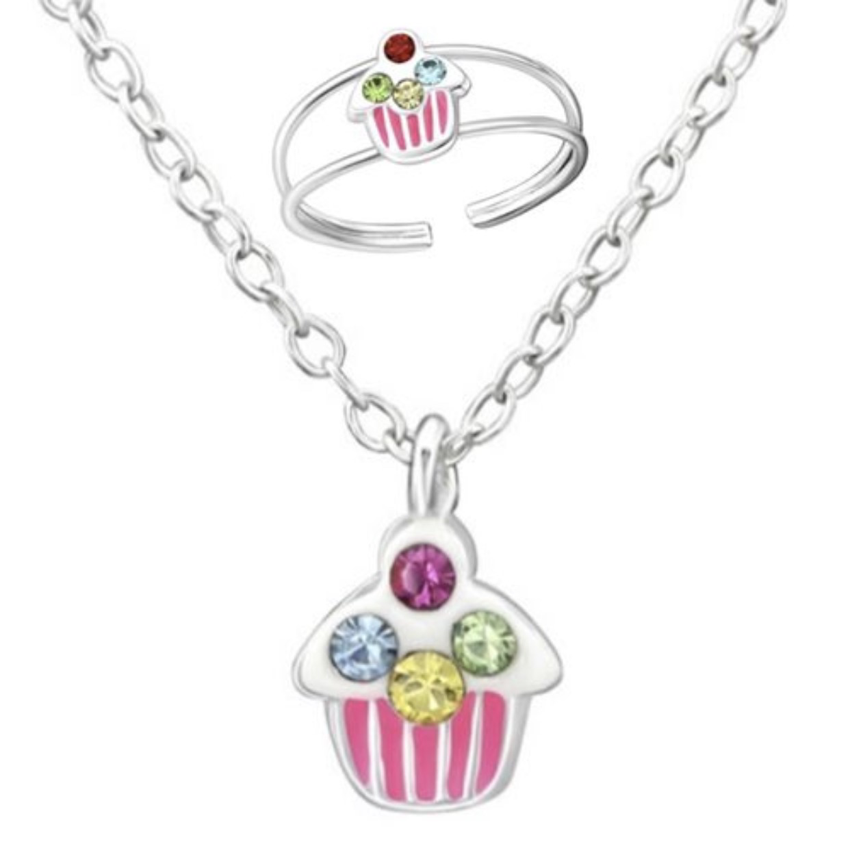 925 Sterling Silver Cupcake Necklace Ring Set For Toddlers and Kids - Forever Kids Jewelry