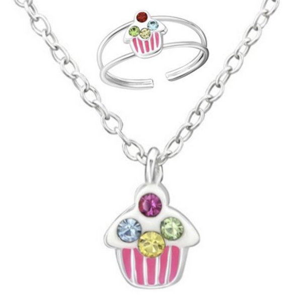 925 Sterling Silver Cupcake Necklace Ring Set For Toddlers and Kids - Forever Kids Jewelry