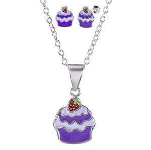 925 Sterling Silver Strawberry Cupcake Screw Back Earrings and Necklace Set For Toddlers, Kids and Teens - Forever Kids Jewelry