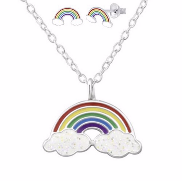 925 Sterling Silver Rainbow Push Back Earrings, Necklace Set For Toddlers and Kids - Forever Kids Jewelry