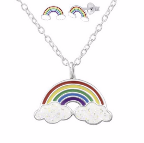 925 Sterling Silver Rainbow Push Back Earrings, Necklace Set For Toddlers and Kids - Forever Kids Jewelry