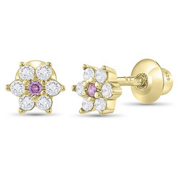 14K Gold Plated 925 Sterling Silver Flower CZ Stones Screw Back Earrings for Baby, Toddler, Kids, Teens - Forever Kids Jewelry