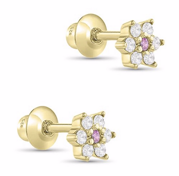 14K Gold Plated 925 Sterling Silver Flower CZ Stones Screw Back Earrings for Baby, Toddler, Kids, Teens - Forever Kids Jewelry