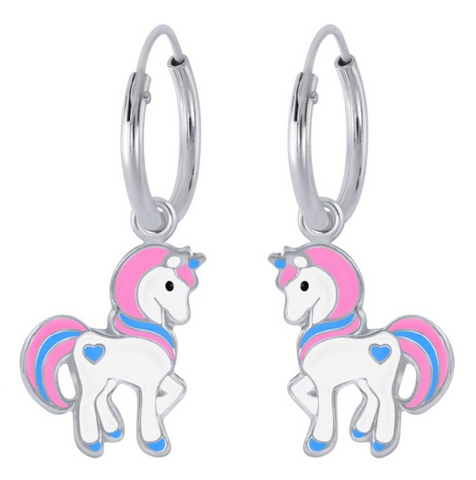 925 Sterling Silver Unicorn With Heart Multicolour Enamel Hoop Earrings For Kids, Teens - Forever Kids Jewelry