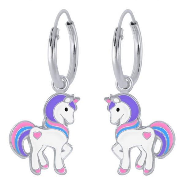 925 Sterling Silver Unicorn With Heart Multicolour Enamel Hoop Earrings For Kids, Teens - Forever Kids Jewelry