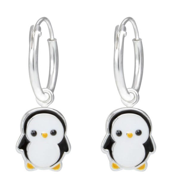 925 Sterling Silver Pinguin Enamel Hoop Earrings For Kids, Teens - Forever Kids Jewelry