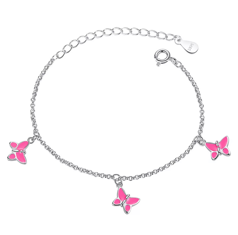 925 Sterling Silver Pink Enamel Butterflies Bracelet For Kids, Teens - Forever Kids Jewelry