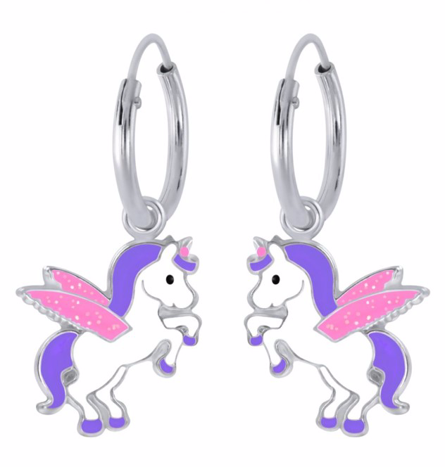 925 Sterling Silver Unicorn With Wings Multicolour Enamel Hoop Earrings For Kids, Girls - Forever Kids Jewelry