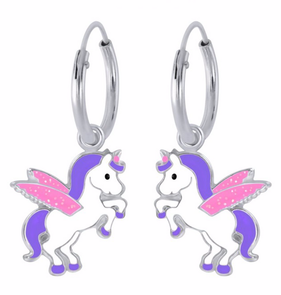 925 Sterling Silver Unicorn With Wings Multicolour Enamel Hoop Earrings For Kids, Girls - Forever Kids Jewelry