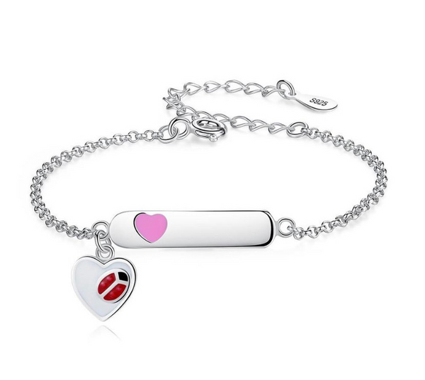 925 Sterling Silver Ladybug Heart ID Bracelet Multicolor Enamel For Toddlers, Kids - Forever Kids Jewelry