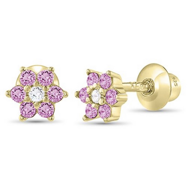 14K Gold Plated 925 Sterling Silver Flower CZ Stones Screw Back Earrings for Baby, Toddler, Kids, Teens - Forever Kids Jewelry