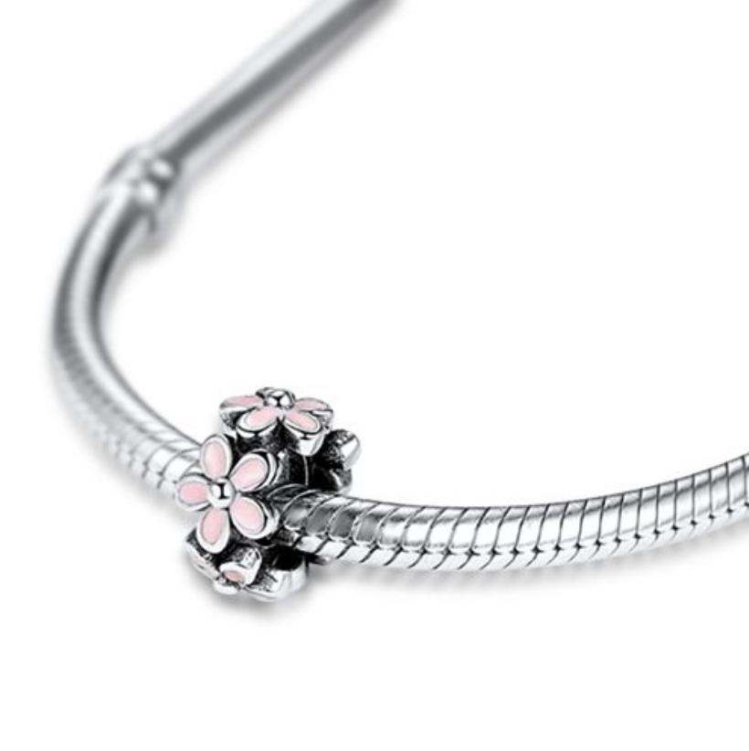 925 Sterling Silver Flowers Charm Pink Enamel - Forever Kids Jewelry